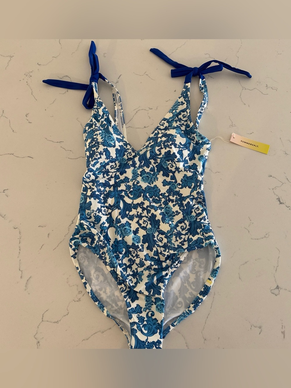 New Summersalt Tie Backflip Blue Floral Print Women One-Piece Swimsuit Tie Strap